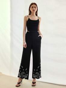 MOTF STUDIO EMBROIDERY SLANT POCKET SUIT PANTS - Black - View 1
