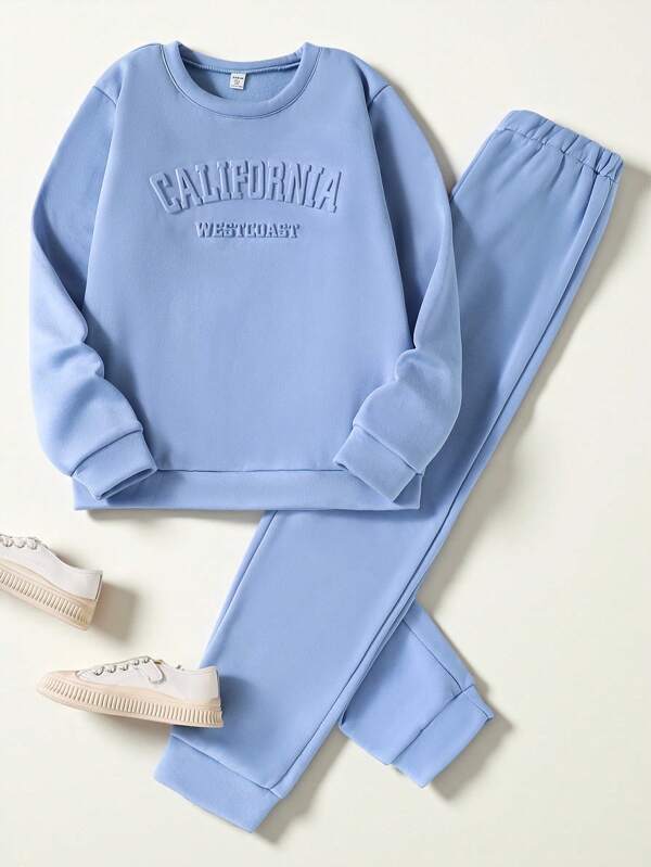 SHEIN 2pcs/Set Teen Girls' Casual Commuting Versatile 3D Letter Print Sweatshirt And Sweatpants Set