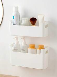 White Plastic Wall Mounted Kitchen Organizer Modern Minimalist Multi Purpose Storage, Space Saving Shelf For Pantry & Countertop For Bathroom Decor - White - View 1