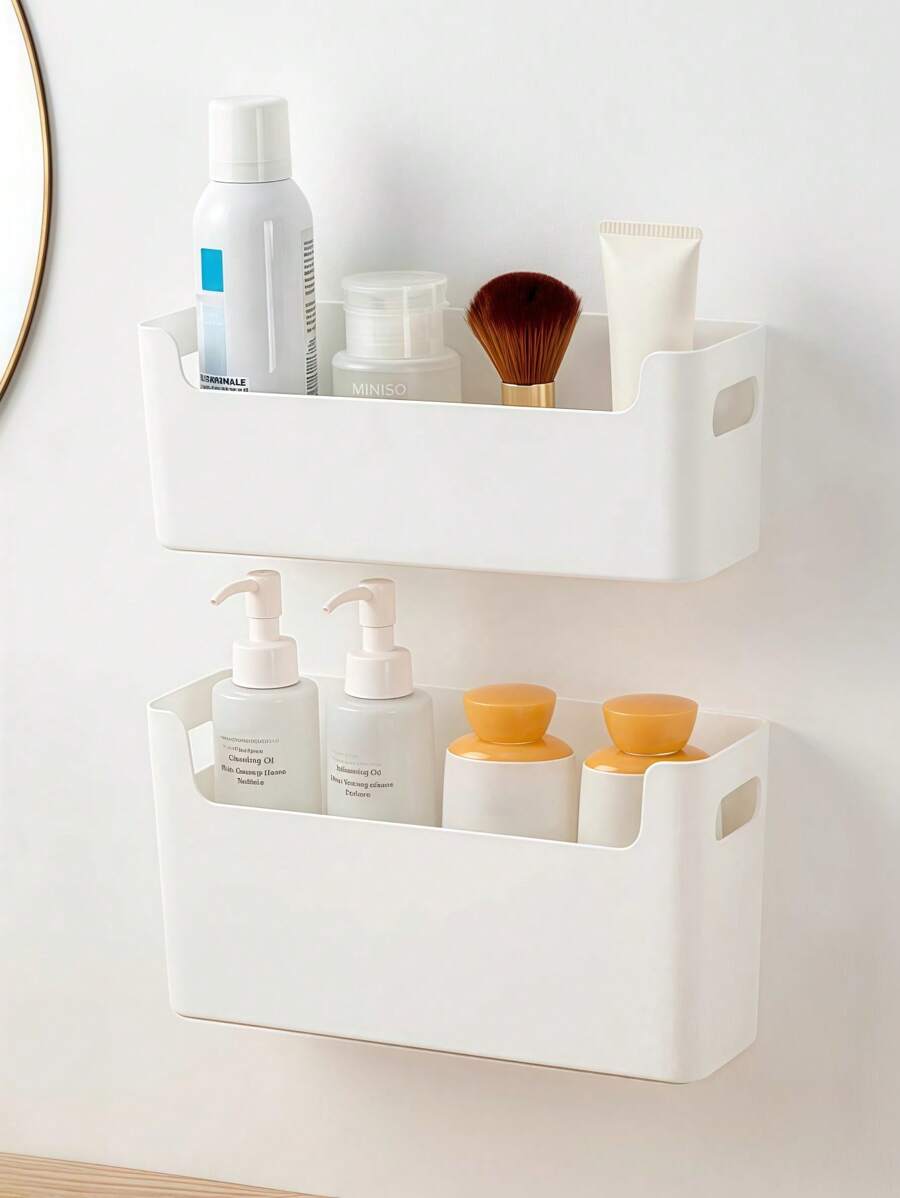 White Plastic Wall Mounted Kitchen Organizer Modern Minimalist Multi Purpose Storage, Space Saving Shelf For Pantry & Countertop For Bathroom Decor - White - View 1