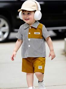 2 Peças/Conjunto Conjunto de Camisa Listrada Coreana de Estilo Patchwork + Shorts Casuais Marrons para Meninos Bebê, Roupas Casuais de Verão - Castanho - Visão 1