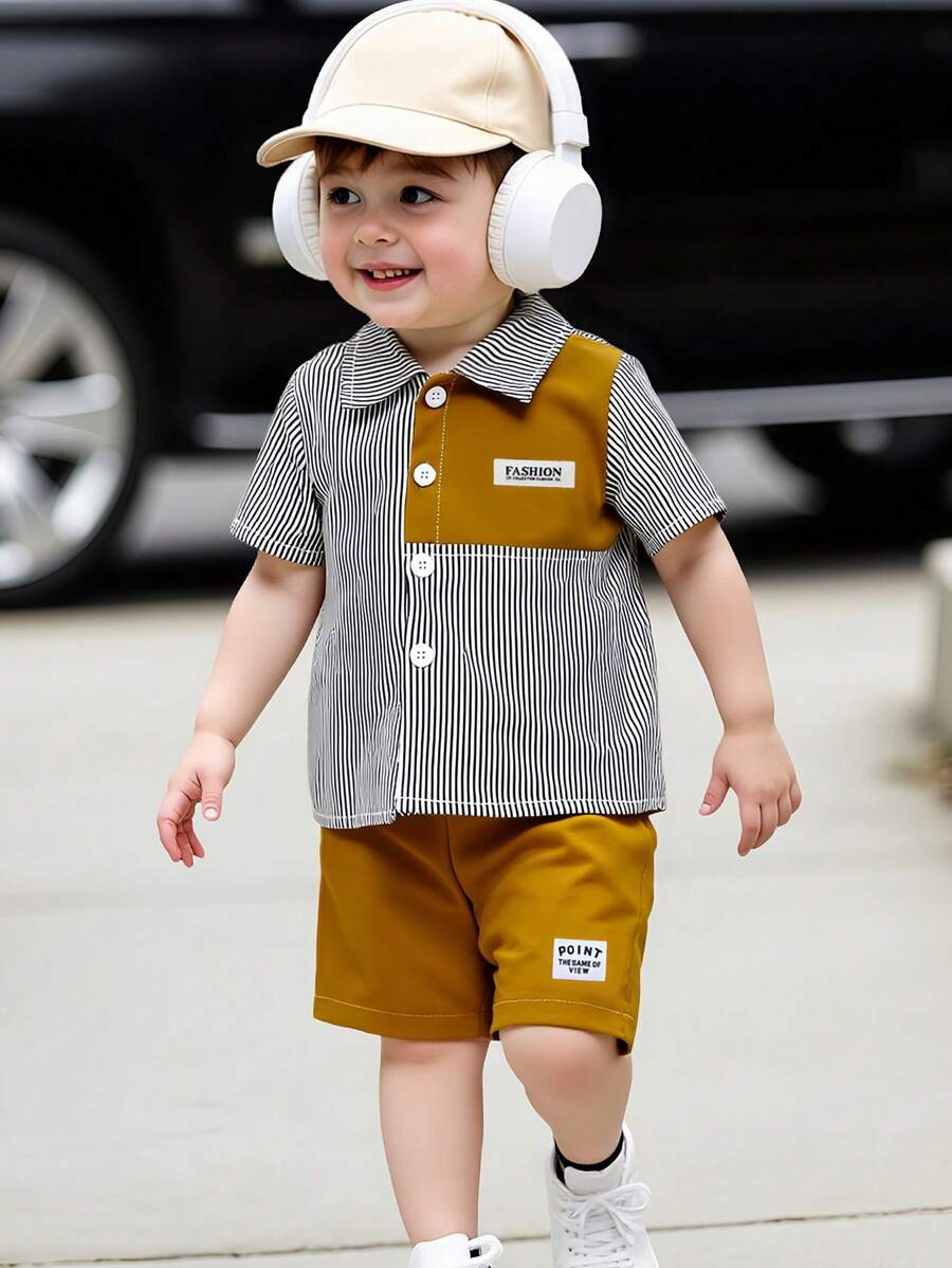 2 Peças/Conjunto Conjunto de Camisa Listrada Coreana de Estilo Patchwork + Shorts Casuais Marrons para Meninos Bebê, Roupas Casuais de Verão - Castanho - Visão 1