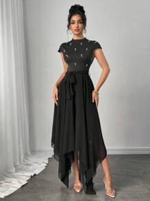 Modelyn Knit Patchwork Chiffon Bubble Pearl Cinched Waist Asymmetrical Hem Dress For Women - Black - View 7