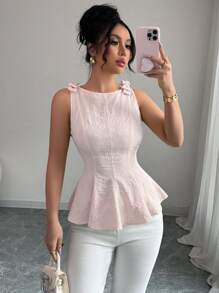 Selianne 全新女式编织纹理小花面料细肩带蝴蝶结肩部荷叶边下摆时尚百搭优雅精致女士荷叶边上衣 - 粉色 - 查看 5