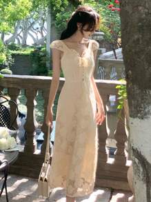 DAZY Lace V-Neck Tie Front Mid-Length Dress For Women Maxi Dress Vacation Outfits Women - Beige - View 9