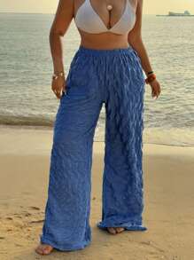 Flirla Pantalon ample à jambe droite en tissu texturé avec taille élastique, grande taille - Bleu azur - Voir 3