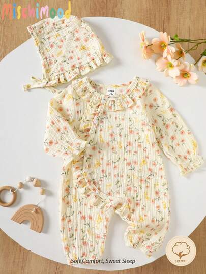 SHEIN Bộ đồ mặc nhà dài tay in họa tiết hoa màu mơ cho bé gái sơ sinh kèm mũ, thoải mái và giản dị