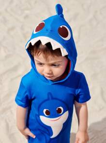 BABY SHARK X SHEIN 男婴可爱鲨鱼图案连帽蓝色短袖连衣裤 - 藍色 - 查看 1