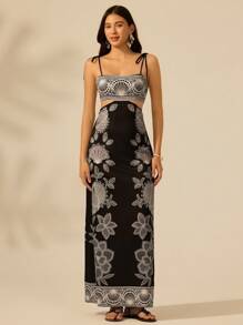 CAJUNI 女式黑白热带花卉刺绣印花镂空腰后绑带无袖黑色连衣裙，伊比沙岛女士假日休闲夏装夏季服装