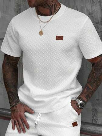 Manfinity CasualCool Men's Summer Jacquard Ribbed Collar Short Sleeve T-Shirt, Fine Gift For Boyfriend Or Husband,Very Suitable For Daily Casual Wear In Summer, Suitable For Seaside Vacation, Fashionable And Versatile Item Casual T-Shirt