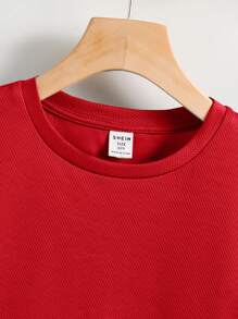 SHEIN 2pcs Kids/Tween Boy Casual Versatile Comfortable Street Fashion Letter Print Loose Round Neck Short Sleeve Knit T-Shirt And Shorts Set, Suitable For School, Garden, Beach, Birthday, Spring, Summer, Fall, Winter - Red - View 7