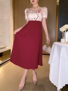 DAZY 女士泡泡袖中长款拼接连衣裙 舞会礼服 优雅女士连衣裙 - 紅色 - 查看 3