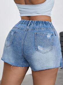SHEIN EZwear Plus Size Blue Ripped Denim Skort, Casual Fitted Style, Mother's Day,4th Of July,Graduation,Brunch Women Plus Size Asymmetrical Hem Blue Denim Skort Summer - Blue - View 2