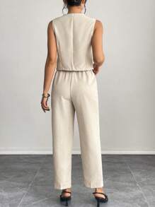 SHEIN PETITE Casual Sleeveless Open Front Vest & Long Pants Set Office Outfits For Women Business Women Attire In Fall/Winter