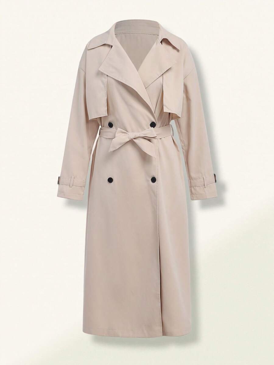 SHEIN 少女卡其色翻领风衣肩部袖口长款双排扣休闲风衣 - 卡其色 - 查看 1