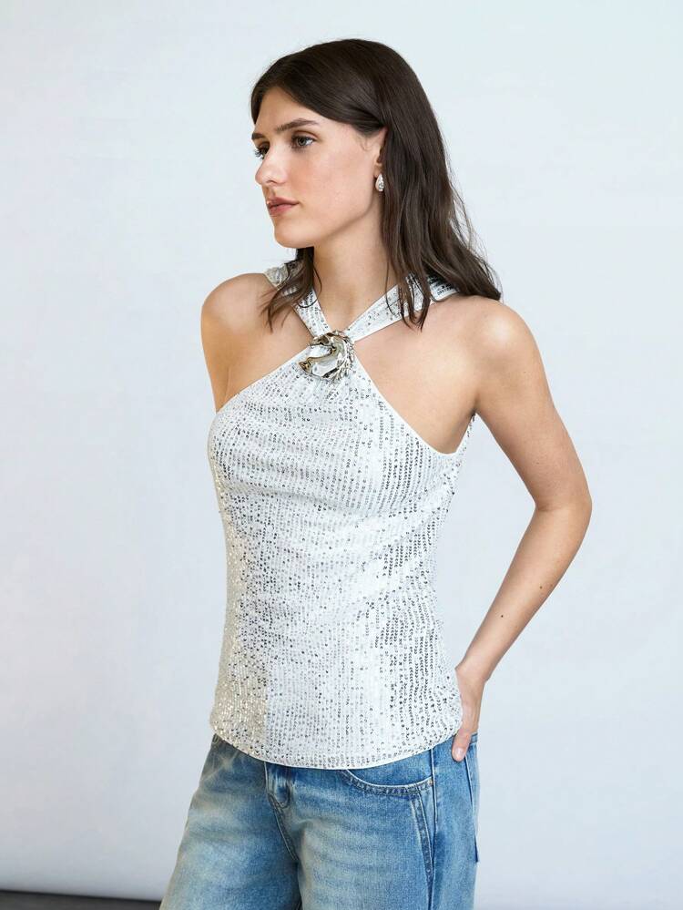SHEIN Maija 2025 Summer New Arrival Halter Metal Decoration Button Sequin Decor Tank Top, Modern Urban Casual Romantic Commuting Fashion Versatile Elegant Suitable For Daily Wear, Party, Wedding, Independence Day, Mother's Day, Music Festival, Graduation