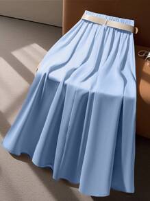 Franclia Women's Casual & Office Commuter Leather Waist Belt Medium Length Skirt, Summer Design Blue - Blue - View 2