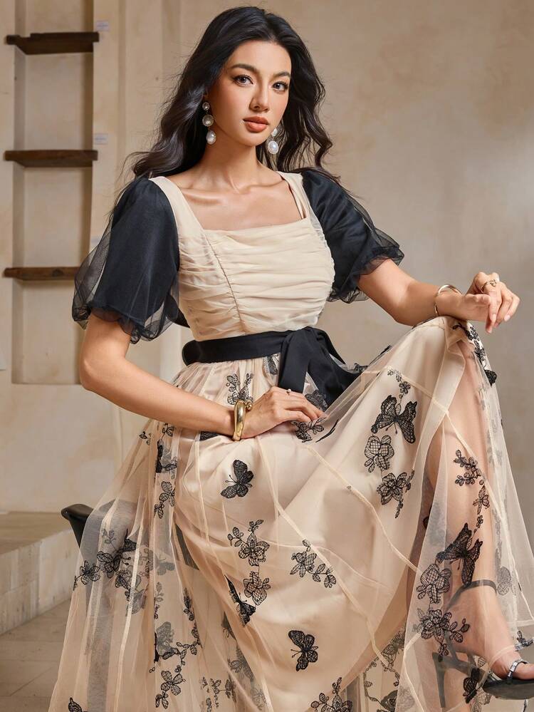 Women's Butterfly Net Tulle Pleated Puff Sleeve Elegant Dress Women Casual Dresses Birthday Women Summer Clothing Women Clothes Women Birthday Floral Dresses For Women