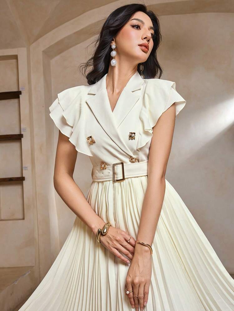 Women's Cream-Yellow Trench Vest-Style Chiffon Mesh Patchwork Cinched Waist Elegant Dress, Spring/Summer Maxi Dress