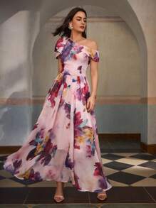 ZEYLAH Romantic Elegant One Shoulder Bowknot & Floral Print Waist Cinched Maxi Dress, Spring And Summer - Multicolor - View 6