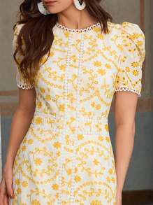 ZEYLAH 棉质短袖度假长款孔眼刺绣连衣裙 - 黃色 - 查看 2