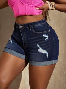 SHEIN SXY Shorts vaqueros pitillo deslavados y desgastados en talla grande de uso informal - Azul - Ver 4