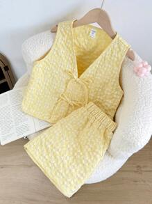 SHEIN Girlism 青少年女孩休闲黄色提花蝴蝶结吊带上衣和短裤两件套 - 黃色 - 查看 3
