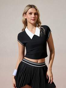 Gameset SHEIN Sport 女款夏季拼接領短版運動 Polo 衫健身上衣高爾夫套裝 - 彩色 - 查看 6