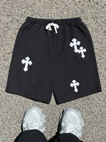 SHEIN Bolty 1 Pc Tween Boys Casual Loose Cross Print Shorts With Drawstring Waist, Summer;Spring Wear; Teen Boys' Clothing; Kids' Jackets, Spring Back To School - Black - View 1