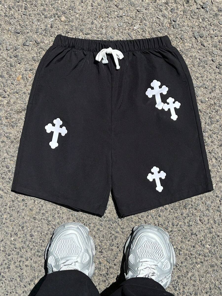 SHEIN Bolty 1 Pc Tween Boys Casual Loose Cross Print Shorts With Drawstring Waist, Summer;Spring Wear; Teen Boys' Clothing; Kids' Jackets, Spring Back To School - Black - View 1