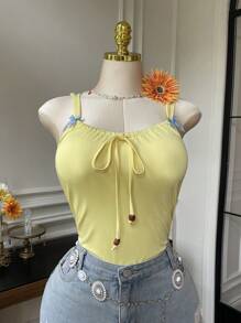 Comfortcana Plus Size Spaghetti Strap Elastic Drawstring Butterfly Decor Bodysuit - Black - View 2