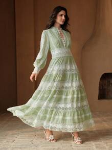 Anewsta 法式优雅宫廷开放式设计蕾丝边长裙，柔软浪漫，适合春季、节日、假期 - 綠色 - 查看 3