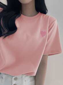 DAZY Women's Round Neck Embroidered Contrast Color Heart Minimalist Pattern T-Shirt Cute Tops - Pink - View 5