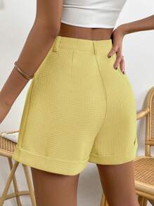 SHEIN LUNE 高腰素色纹理休闲短裤，夏季 - 黃色 - 查看 2