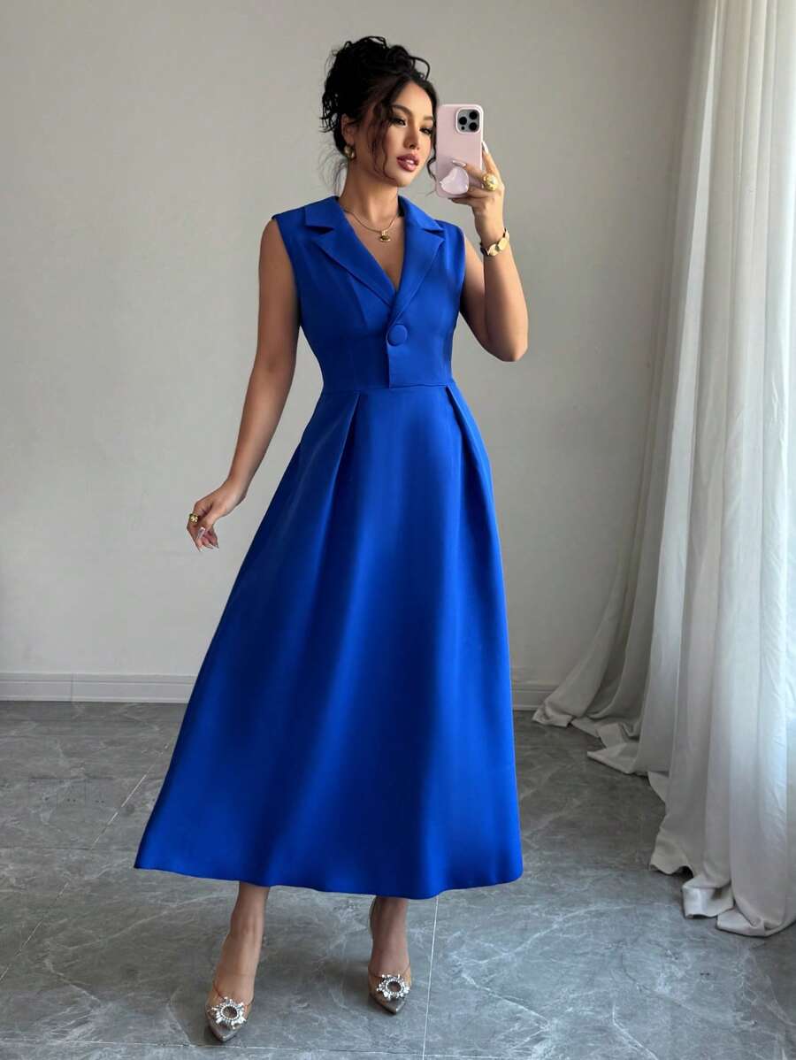 Chiquease Women Solid Color Lapel Neck Single-Breasted Sleeveless Elegant Dress - Blue - View 1