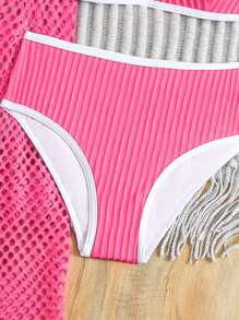 SHEIN 3pcs Tween Girls Frilled Halter Neck Bikini Set, Summer Beach Swimsuit - Pink - View 5