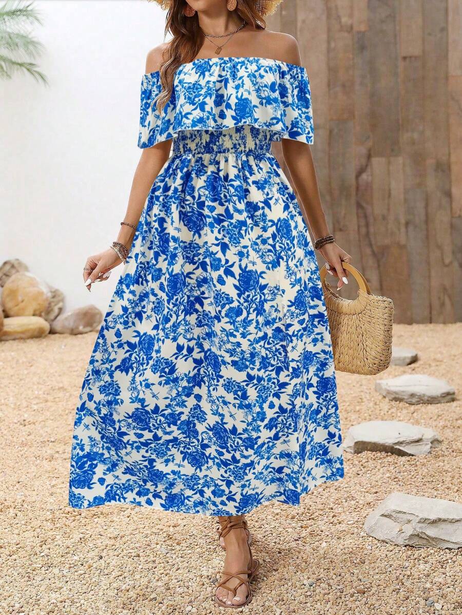 Breezaya 女式花卉印花露肩高低下摆连衣裙，带荷叶边装饰，超长度假海滩装 - 彩色 - 查看 1