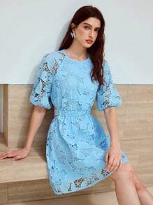 MOTF STUDIO GUIPURE LACE KNOT MINI DRESS - Blue - View 6