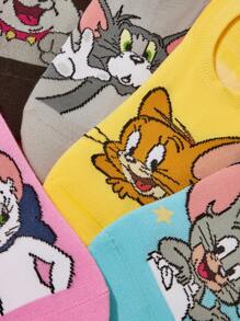 TOM & JERRY X SHEIN 5双女士透气吸湿排汗薄款隐形袜子，卡通可爱猫、老鼠、狗图案，加固后跟，适合春夏季 - 彩色 - 查看 5