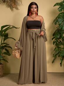 Slaydiva Conjunto informal versátil y sencillo de 2 piezas en blanco, talla grande, para 2025 - Blusa con manga farol + Pantalón ancho/holgado/fluido para primavera