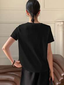 DAZY T-shirt casual à manches courtes avec encolure en V brodé pour femmes