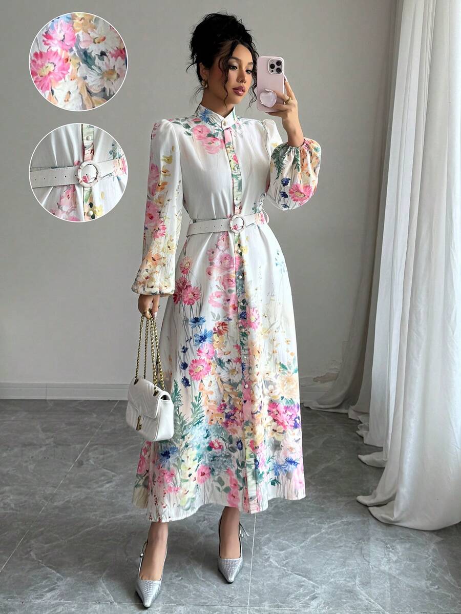 Modelyn 优雅法式花卉印花灯笼袖女式连衣裙 - 彩色 - 查看 1
