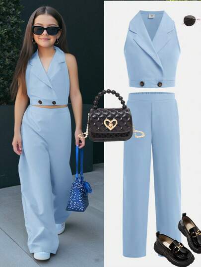 SHEIN Nova Glow Tween Girls Woven Collared Sleeveless Shirt And Matching Pants 2 Pieces Casual Set