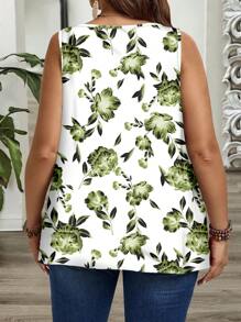 EMERY ROSE Plus Size Loose Pleated Festival Style Music Festival Mother's Day Green Floral Geometric Print Top For Spring And Summer For Women's Concert Clothing Suitable For Going Out,Flower/Vacation - Green - View 4