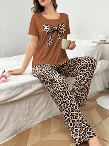 Conjunto de pijama de manga corta con estampado de leopardo y lazos para mujer - Multicolor - Ver 6