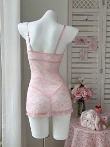 SHEIN 2件套女士蕾丝无线性感内衣套装 - 粉色 - 查看 6