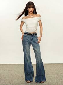 Rina Fox Charming Romantic Textured One Shoulder Ruched Butterfly Decor Apricot Women Top, Summer