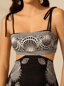 CAJUNI 女式黑白热带花卉刺绣印花镂空腰后绑带无袖黑色连衣裙，伊比沙岛女士假日休闲夏装夏季服装