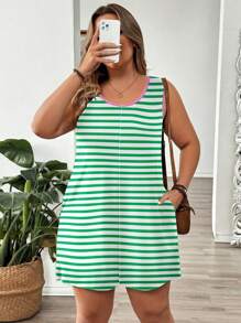 EMERY ROSE Casual Minimalist Green Striped Round Neck Sleeveless Jumpsuit With Contrast Color, Plus Size - Multicolor - View 3