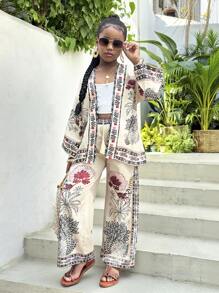 SHEIN 2pcs/Set Tween Girl Vacation Kimono Cardigan And Wide-Leg Pants Set - Apricot - View 5